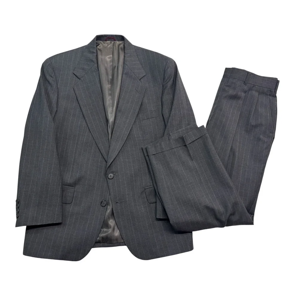 vtg 90s Briar 40S 32x27 Gray Pinstripe 2pc Pants Suit USA Wool Pleated Cuffed